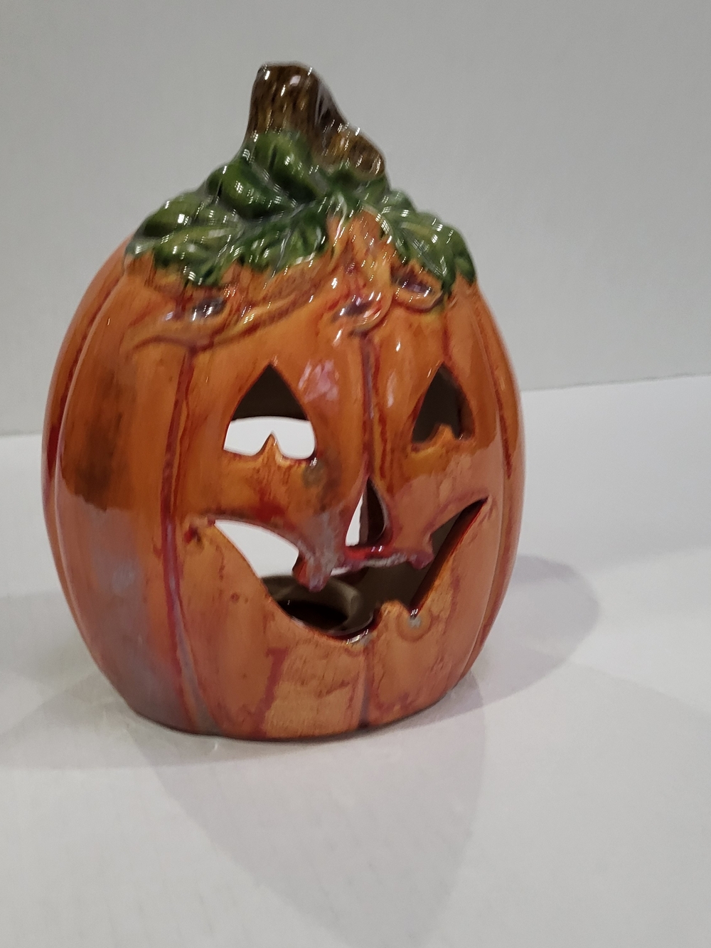 7" Ceramic Glazed Halloween Pumpkin Jack-O-Lantern Tea Light Votive Candle Hold